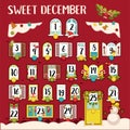 Sweet december calendar with dates and traditional decoration