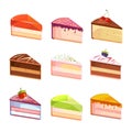 Sweet delicious cake slices pieces vector icons