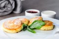 Sweet delicious cottage cheese pancakes, syrniki, curd fritters