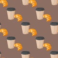 Sweet delicious croissant coffee cup morning bakery seamless pattern dessert pastry fresh drink cappuccino vector
