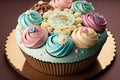 sweet delicious cupcakes on large round birthday cake