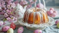 Sweet delicious festive Easter cake with white glaze, colorful Easter eggs, in a decorative plate