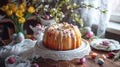 Sweet delicious festive Easter cake with white glaze, colorful Easter eggs, in a decorative plate