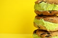 Sweet delicious ice cream cookie sandwiches, closeup. Space for text Royalty Free Stock Photo