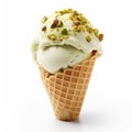 Sweet delicious pistachio ice cream with nuts in a waffle cone on a white background Royalty Free Stock Photo