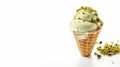 Sweet delicious pistachio ice cream with nuts in a waffle cone on a white background Royalty Free Stock Photo