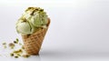 Sweet delicious pistachio ice cream with nuts in a waffle cone on a white background Royalty Free Stock Photo