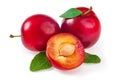 Sweet delicious red plums with leaves, and a juicy plum cut into Royalty Free Stock Photo