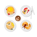 Sweet delicious - waffles, chocolate, pancakes and coffee cup. Vector. Breakfast food. Tasty icon set. Isolated. Royalty Free Stock Photo