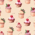 Sweet delicious watercolor pattern with cupcakes. Hand-drawn