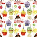 Sweet delicious watercolor pattern with cupcakes.