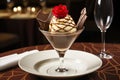 Sweet delights. miniature vase with dessert, ice cream, chocolate, fruits, and caramel