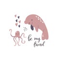 Sweet design with cute manatee and octopus. Nursery art print