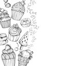 Sweet Dessert Background with cupcakes and ice cream, black and white