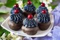 Sweet dessert for breakfast for the whole family: chocolate cupcakes with black cream and cherries. Close-up Royalty Free Stock Photo