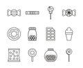 Sweet dessert candy and pastry icons set line