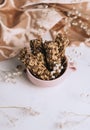 Sweet dessert, chocolate bar in a pink cup. Royalty Free Stock Photo