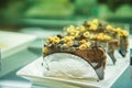 Sweet Dessert: Chocolate chip snack cake with nuts toppings Royalty Free Stock Photo