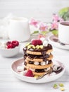 A sweet dessert of a chocolate cookie raspberry and marshmallow Cup of coffee on a light table. Royalty Free Stock Photo