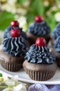 Sweet dessert: chocolate cupcakes with black cream and cherry. Vertical photo. Close-up Royalty Free Stock Photo