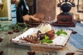 Chocolate fondant with ice cream mint and garnish Royalty Free Stock Photo