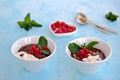 Sweet dessert, chocolate pudding in white portioned saucers on a light blue background. Served with whipped cream and red currant Royalty Free Stock Photo