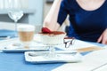 Sweet dessert and coffee latte for woman sitting in cafe Royalty Free Stock Photo