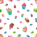 Sweet dessert collection on white isolate background. Cupcake and macaroon. Seamless pattern of water color painted