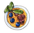 Sweet dessert, creme brulee with blueberry, raspberry and branch of mint