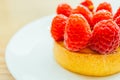 Sweet dessert custard tart with raspberry on top Royalty Free Stock Photo