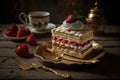 sweet dessert dessert napoleon cake with cream and strawberries on plate on table