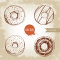 Sweet dessert donuts. Hand drawn sketch style illustration. Glazed, iced sweet doughnut with chocolate. Fresh bakes.