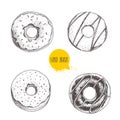 Sweet dessert donuts. Hand drawn sketch style illustration. Glazed, iced sweet doughnut with chocolate. Fresh bakes. Vector illust
