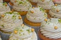 Sweet dessert fresh baked meringue cup cakes in bakery