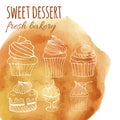 Sweet dessert, fresh bakery, background with watercolor hand-drawn cupcakes, cakes, menus, invitations, banners