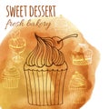 Sweet dessert, fresh bakery, background with watercolor hand-drawn cupcakes, cakes, menus, invitations, banners