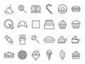 Sweet dessert icons. Sweetly cake, sweets ice cream and muffin cakes. Desserts line art vector icon set