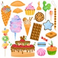 Sweet dessert pastry vector illustration set, cartoon flat collection cake with chocolate cream or cupcake, baked cookie