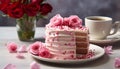 Sweet dessert on pink plate, decorated with flowers generated by AI Royalty Free Stock Photo