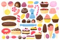 Sweet dessert set, confectionery or kids cafe food menu, chocolate cake, ice cream donut Royalty Free Stock Photo