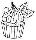 Sweet dessert sketch. Cream cupcake black doodle