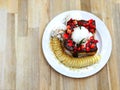 Sweet Dessert, Strawberry nutella chocolate honey toast with vanilla ice cream, sliced bananas and strawberries added topping. Royalty Free Stock Photo