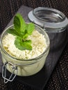 Sweet dessert tiramisu with green tea powder matcha, served in a glass jar Royalty Free Stock Photo