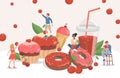 Sweet dessert vector flat cartoon banner concept. Happy smiling people with cupcakes, doughnuts, and soda drink.