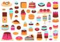 Sweet desserts. Bakery sweets, muffin cakes, ice cream, hand drawn candies, chocolate bar and macarons. Cute sweets Royalty Free Stock Photo