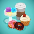 Sweet desserts concept in cartoon style with macaroon, cakes, coffee and cookies