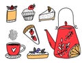 Sweet desserts and red tea pot doodles. Cheesecake, tartlet with berries and fresh pastry. Hand drawn vector