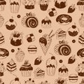 Sweet desserts seamless pattern. Delicious food, donut, roll, cakes, ice cream, berries and creamy dessert. Vector