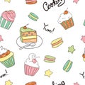 Sweet desserts seamless pattern. A delicious piece of cake, muffins with cream and cherries.