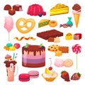 Sweet desserts set of isolated vector illustrations. Cake with cream, chocolate, pastry, bakery and desserts, donut